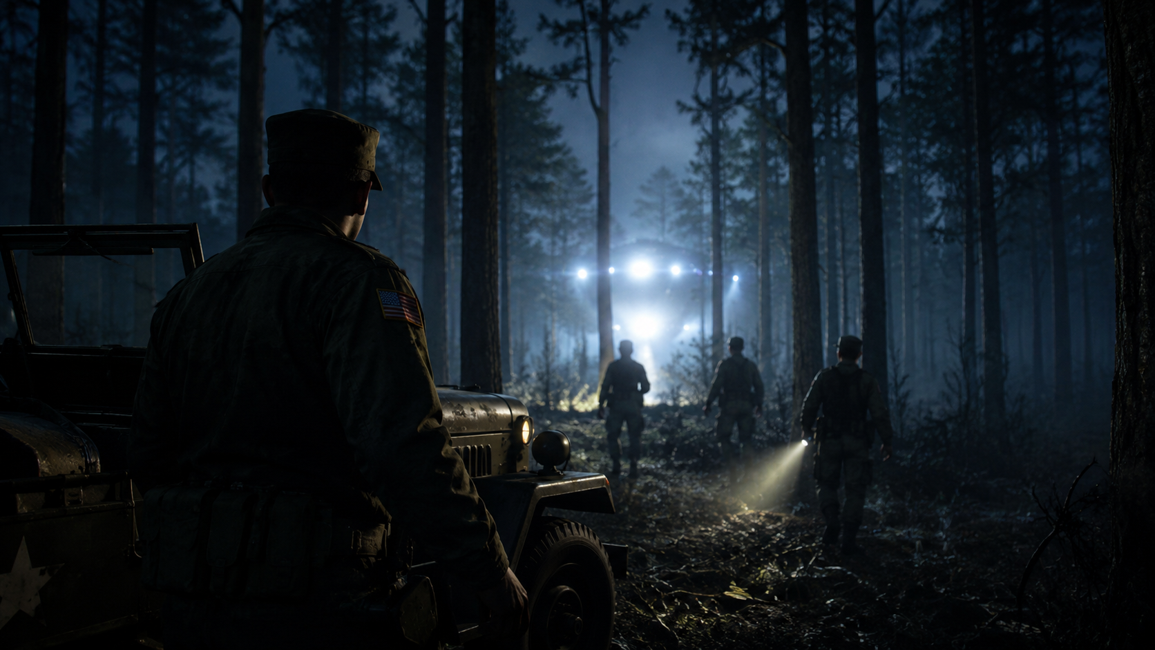 Forêt de Rendlesham dans le Suffolk la nuit, lumière dans les arbres — VIDEO OVNI